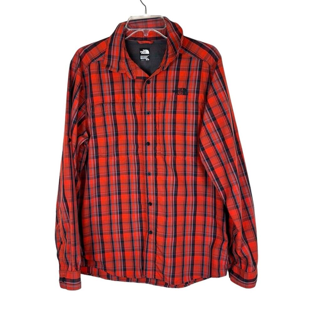 The North Face Shirt Mens Sz M Orange Plaid Long Sleeve Button Up Outdoor EUC‎
